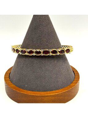 VTG Gold Over Sterling Silver 925 Garnet Bezel Set Cuff Bracelet Size 7.5" Fit